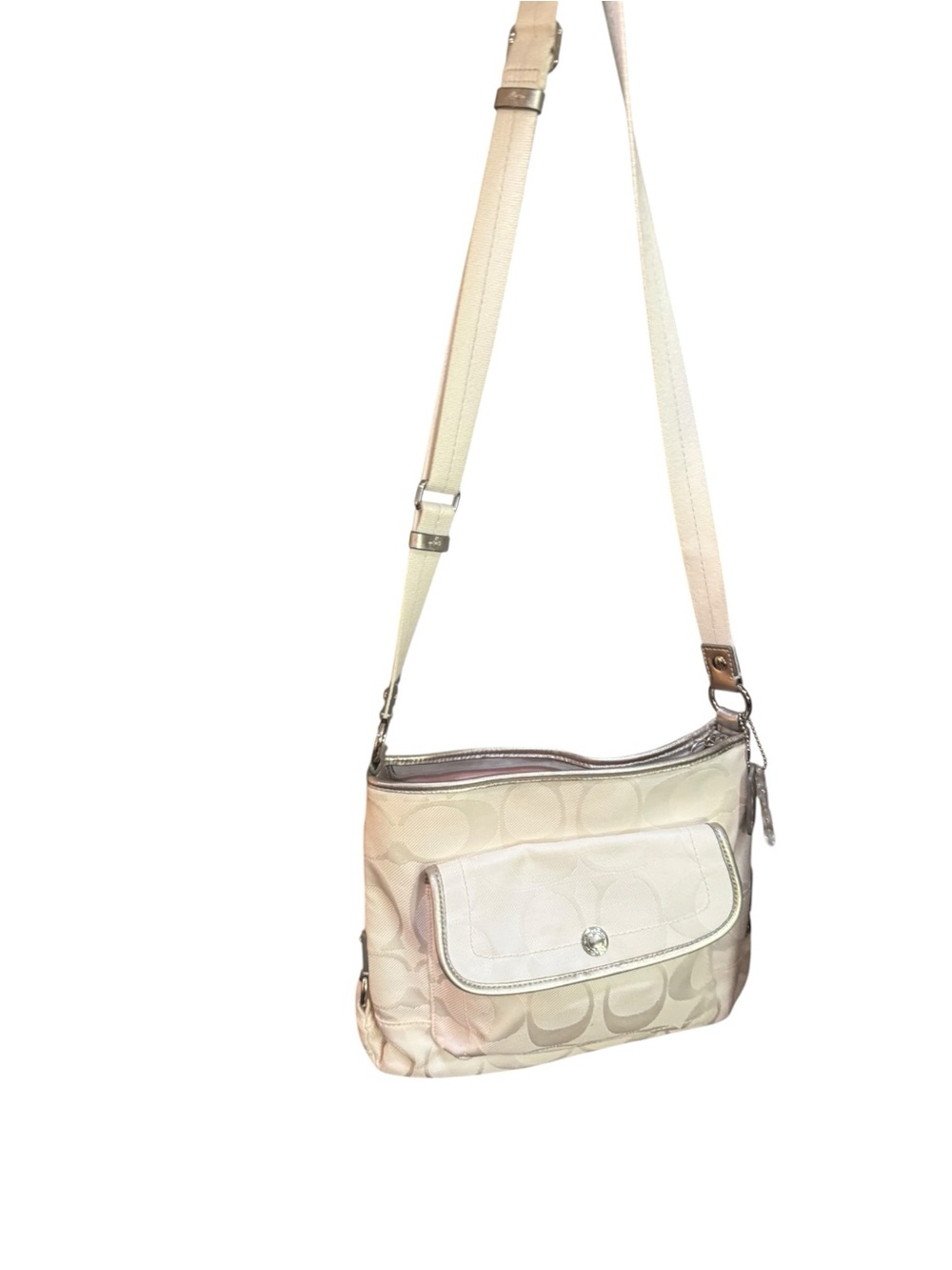 Coach Signature Ivory Jacquard Crossbody Bag Silver Pink Satin Interior 2012 - Picture 3 of 14